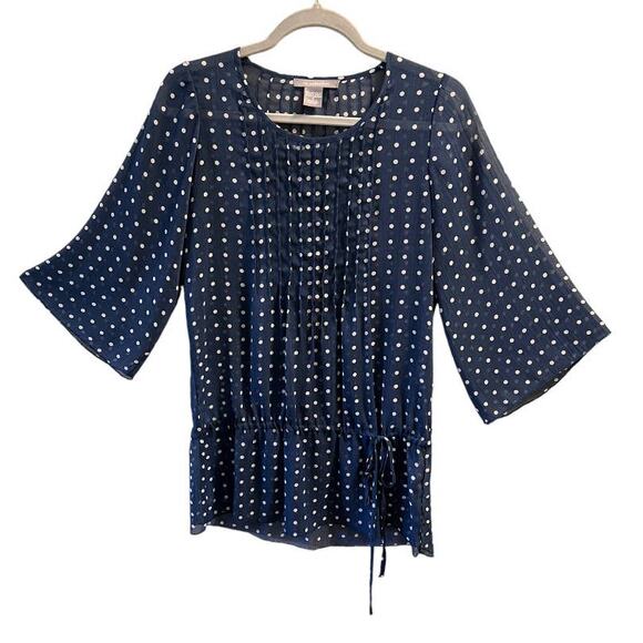 NY Collection, Navy Sheer Top, White Polkadots, Waist Tie, S - Picture 1 of 8